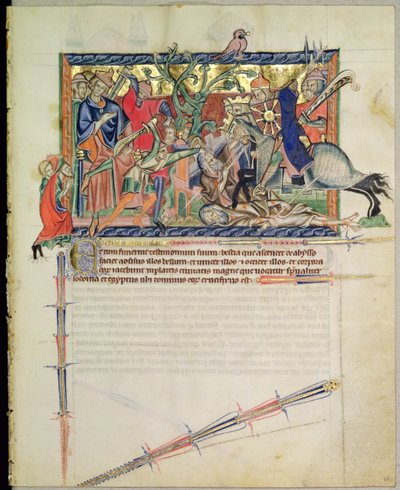 Exterminans osserva i cavalieri calpestare i due testimoni, dal Gulbenkian Apocalypse, c.1265-70 da English School